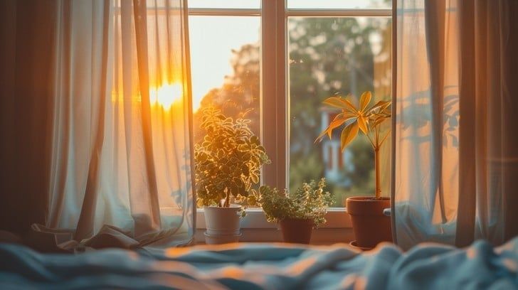 Morgonsol genom tunna gardiner vid ett fönster med krukväxter